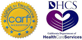 CARF logo - Commission on Accreditation of Rehabilitation Facilities and DHCS logo - California Department of Health Care Services